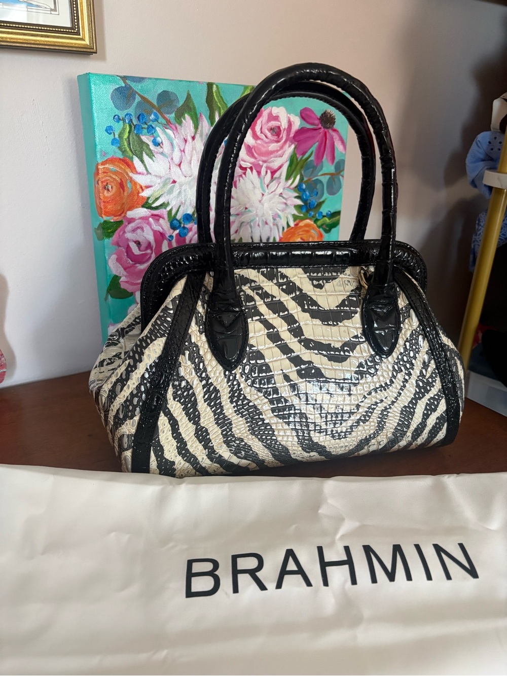 Brahmin Black & Cream Zebra-Print Croc-Embossed Satchel